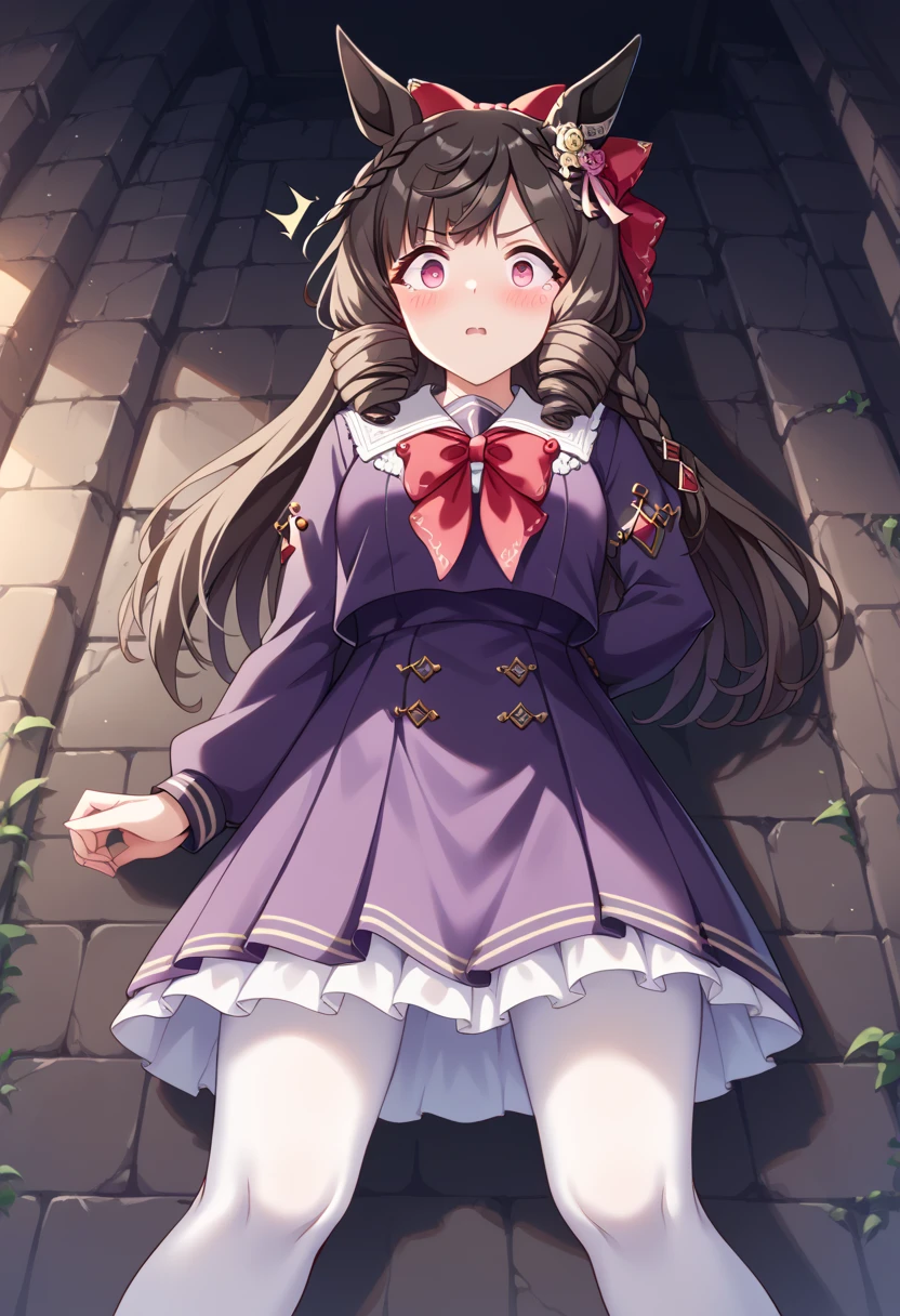 score_9, score_8_up, score_7_up, best quality, masterpiece, source_anime, zPDXL3, BREAK, <lora:daiichi_ruby_umamusume:1> ,daiichi_ruby_(umamusume), tracen_school_uniform,, low angle, Leaning against a wall, shocked, :o, wide open eyes , blush,, in an underground dark ruins, fantasy, glowing engraved runes, sombre dark underground,,