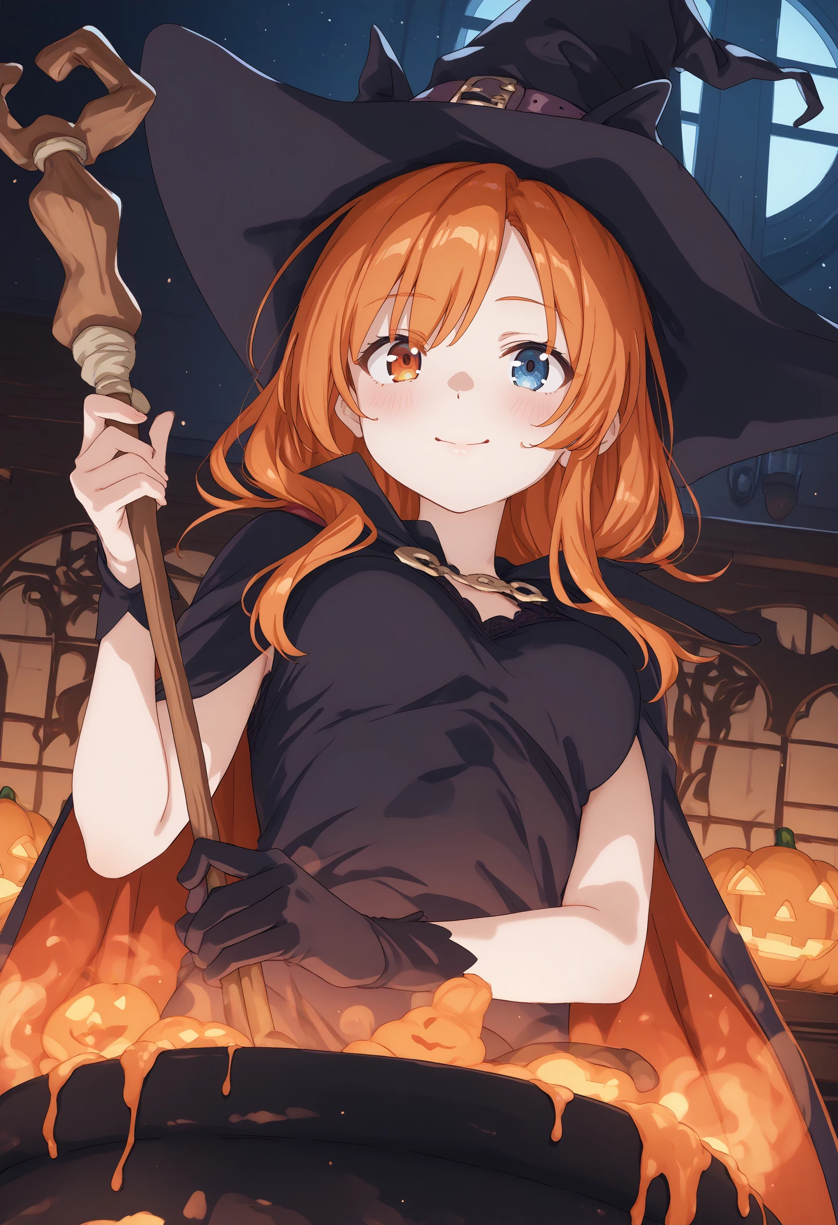 (masterpiece:0.7), (best quality:1.1),
(by sincos:0.5),(by ningen mame:0.5),(by toosaka asagi:0.5),
1girl,solo,medium breasts,
stirring, cauldron, holding, witch hat, standing, witch, indoors, fire, staff , halloween ,jack-o'-lantern,halloween costume, cape,night, <lora:stirring_Pony_v1:0.8>
from below, portrait, looking up, orange hair, heterochromia,laugh, in church, closed mouth, half updo hair,