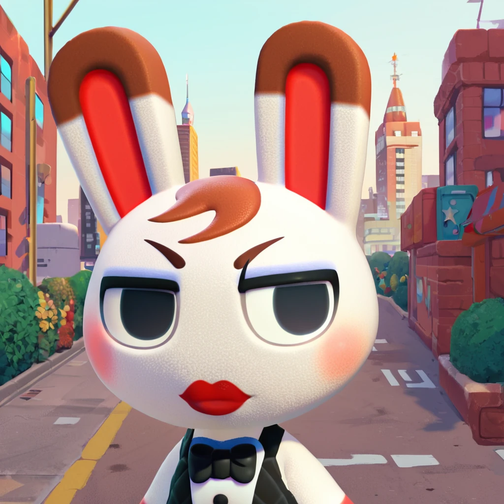 score_9_up, score_8_up, score_7_up, score_6_up,Tiffany \(animal crossing\), anthro rabbit, 1girl, tuxedo dress, buttons, bow tie, furry female, red lips, high resolution, eyeshadow, 1girl, fishnet pantyhose, perfect anatomy, Animal Crossing, city background, masterpiece, high quality, 4k