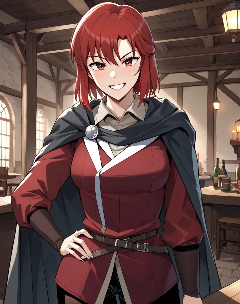 Judith_Zeron, red hair, short hair, red eyes, adventure clothes, long sleeves, cape BREAK   indoors, medieval, tavern  BREAK looking at viewer, sexy face, sexy smile, open mouth, teeth, grin, hand on hip, contraposto, cowboy shot, BREAK score_9, score_8_up, score_7_up, source_anime ,zPDXL,<lora:Judith_Zeron-000017:0.8>