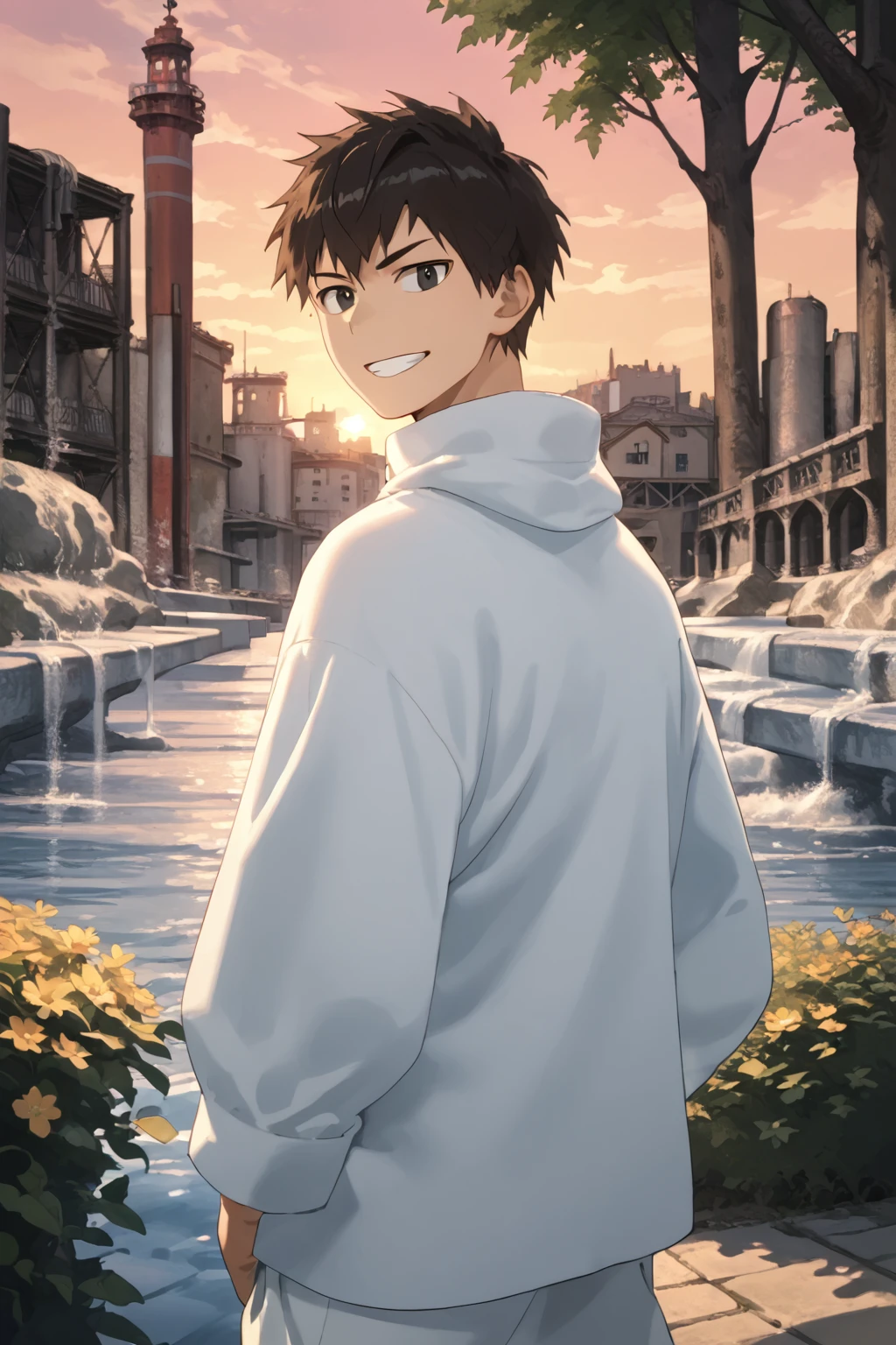 score_9, score_8_up, score_7_up, score_6_up, masterpiece, best quality, ,source_anime,Expressiveh, absurdres, //Fashion, //Background, park, sunset,
//Others, 1boy, male focus, solo,
//Action, looking at viewer, grin,
//Character,SenKaibara,black hair,black eyes