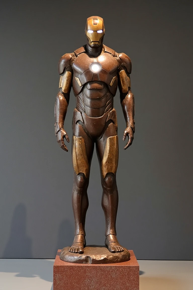 Bronze statue by S410CHURYO. iron man (marvel). in a modern museum. simple wall background.