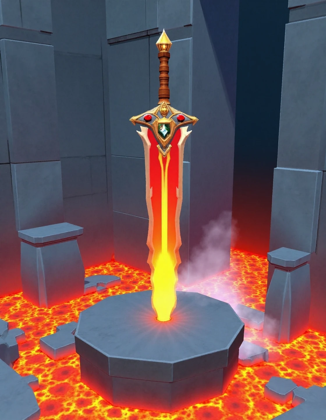 Conceptual Art, Flat 2D Art, <lora:evilgenius:1>, in style of evil genius, A mystical longsword floating above a pedestal of obsidian, its blade radiating an ethereal red glow. The hilt, encrusted with gemstones that pulse with the color of magma, is wrapped in charred leather and adorned with ancient volcanic runes. The background shows a lava-filled cavern, partially obscured by smoke, illuminated by molten cracks in the walls, simple flat color, 2-dimensional, Flat 2D Art Style, concept art