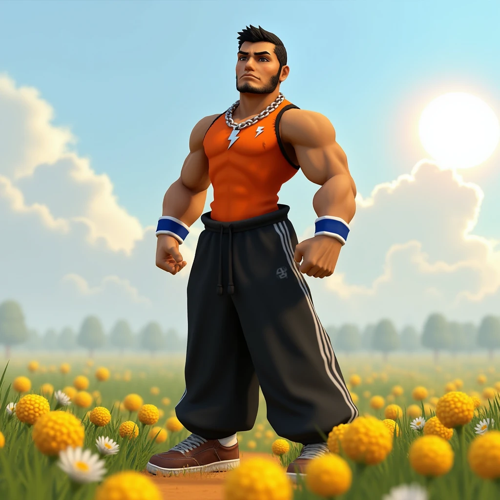 raijinff8, khraijin, a real life full body photorealistic photo of a khraijin raijinff8 man in a style that looks like a real life photo, with a muscular physique and ultrarealistic look, he is standing in a field of wildflowers stretching and enjoying the sun and wind, the style is realistic and romantic, with a dreamy quality, 3d, real life, realistic, irl, muscular male, stubble, short hair, black hair, brown eyes, lightning bolt necklace, black wide-legged track pants, blue wr istbands, orange tank top, brown sneakers, perfect face, perfect body, outdoors, arena, solo, photorealistic