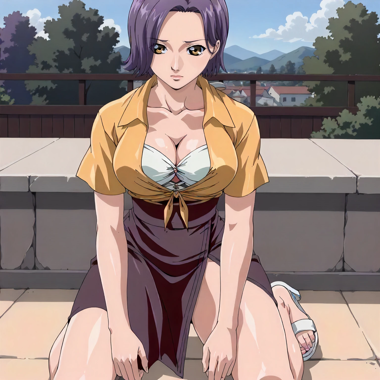 <lora:GSE_HanaeXLpony001>,
outdoors,
solo,
Hanae,1girl,mature female,purple hair,short hair,yellow eyes,
large breasts,
tied_shirt,yellow shirt,bra peek,
high-waist_skirt,
white sandals,
kneeling,