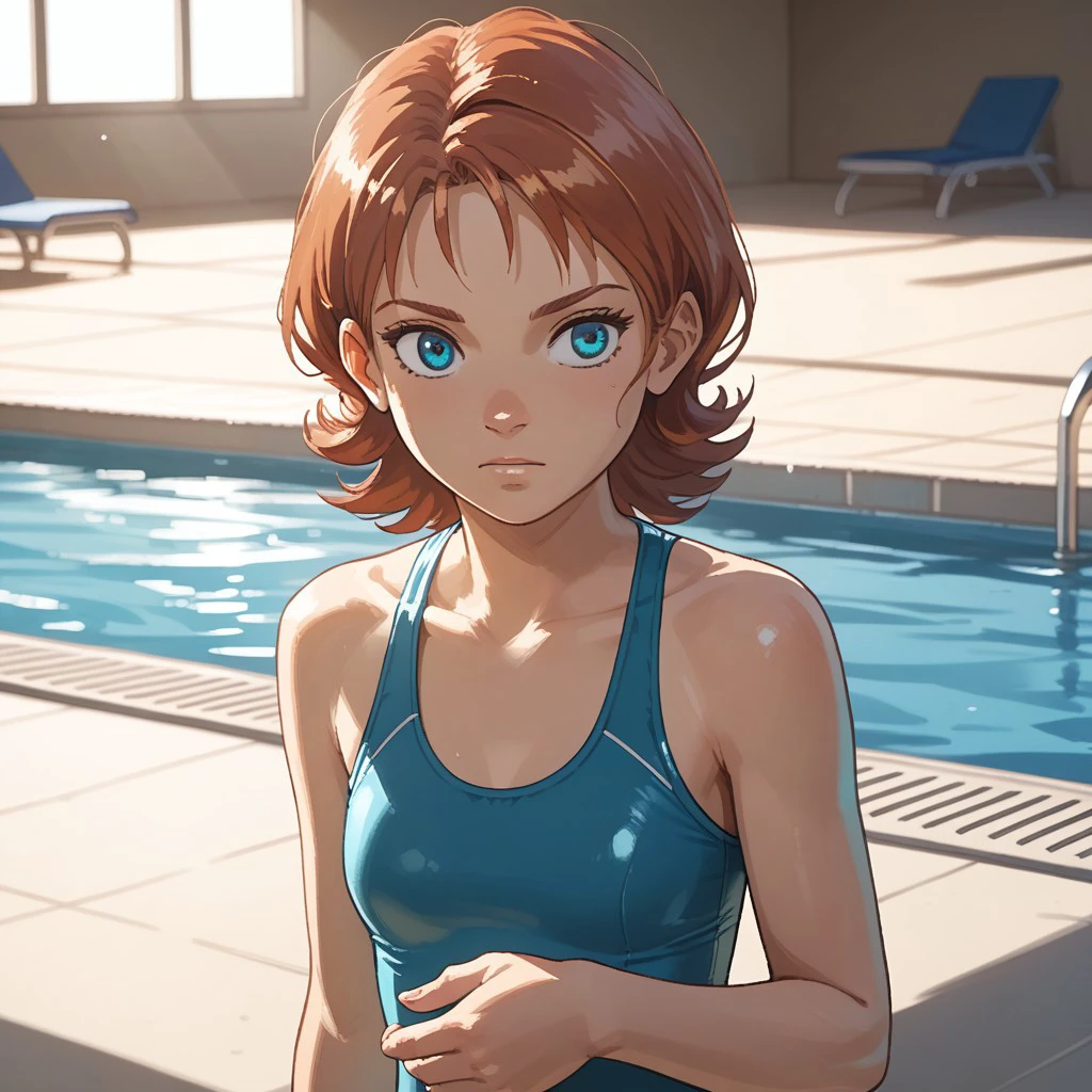 score_9, score_8, score_7, break, solo, irma_l, auburn hair, short hair, blue eyes, swimsuit, poolside, sunlight, shadows, natural lighting,