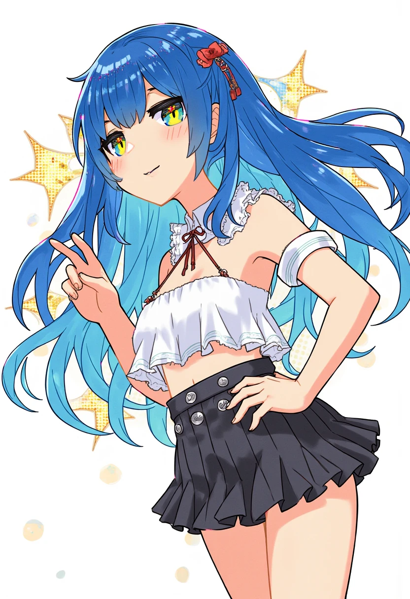 (Perfect body),Best Quality,(8K Portrait),(Official art)、((NSFW))、(((Lori)))、((Short stature))、((:D))、1girl in,(blush),(Sweat),(((flat chest)))、(thick thighs)、(big butts)、((Blue hair))、(Long hair)、(((Twin-tailed)))、Yellow Ribbon、((White and light blue leotard))、 ((Yellow ruffles))、(yellow eyes)、Hands behind the head、Armpits、(spreading legs)、Cowboy Shot、Electronic space、(There is a star-shaped stick on the right hand...)、(Peace sign with left hand in front of face)、dynamicposes