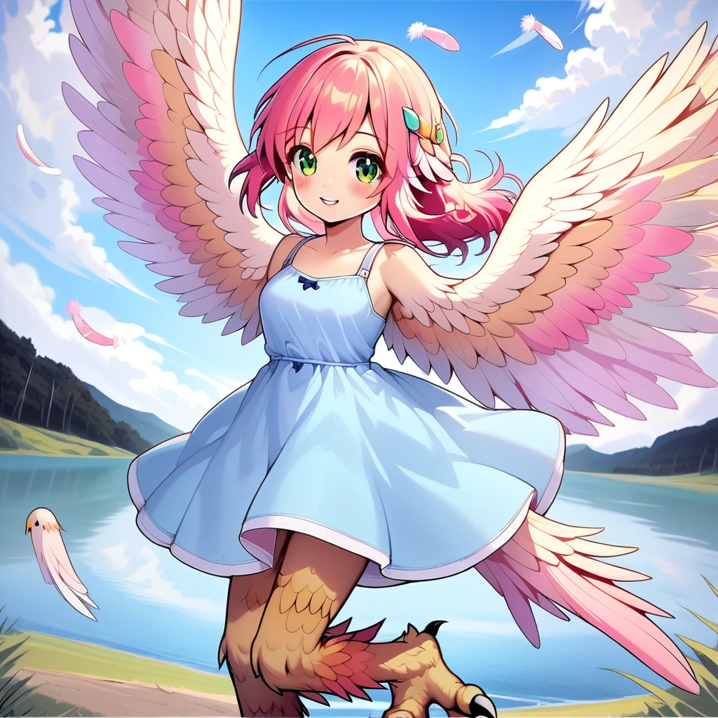 winged arms,harpy,flying,blue sundress,lake,sky,cloud,green eyes,pink hair,pastel feathers,