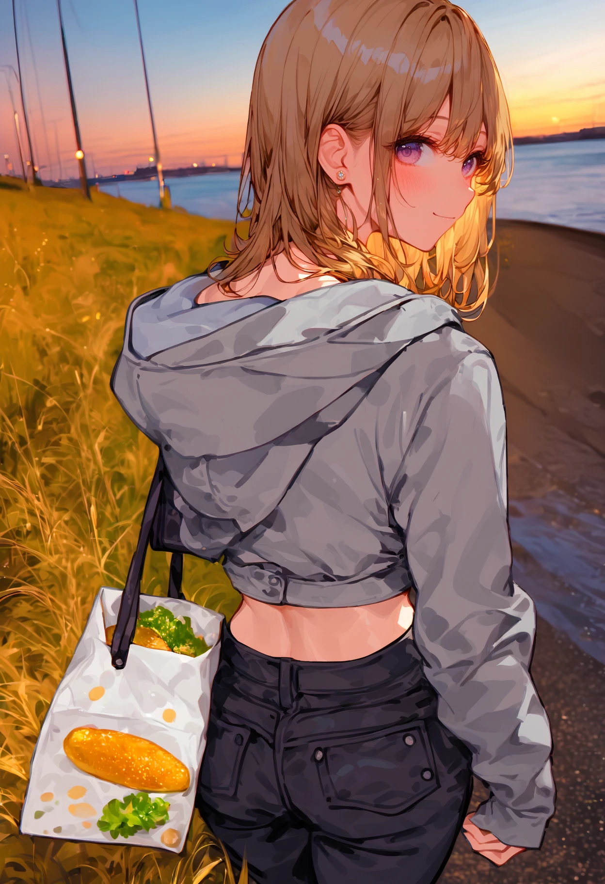 score_9, score_8_up, score_7_up, score_6_up, best quality, source_anime BREAK, aosiai123, 1girl, outdoors, looking at viewer, hood down, black pants, blush, looking back, holding bag, grass, jewelry, stud earrings, long hair, long sleeves, hooded jacket, sunset, river, purple eyes, evening, from behind, closed mouth, grey hoodie, denim, ass, smile, standing, water, midriff, brown hair, sky, crop top, shirt, blurry, grey jacket, sidelocks, jeans, rice paddy, road, <lora:aosiai123:1>
