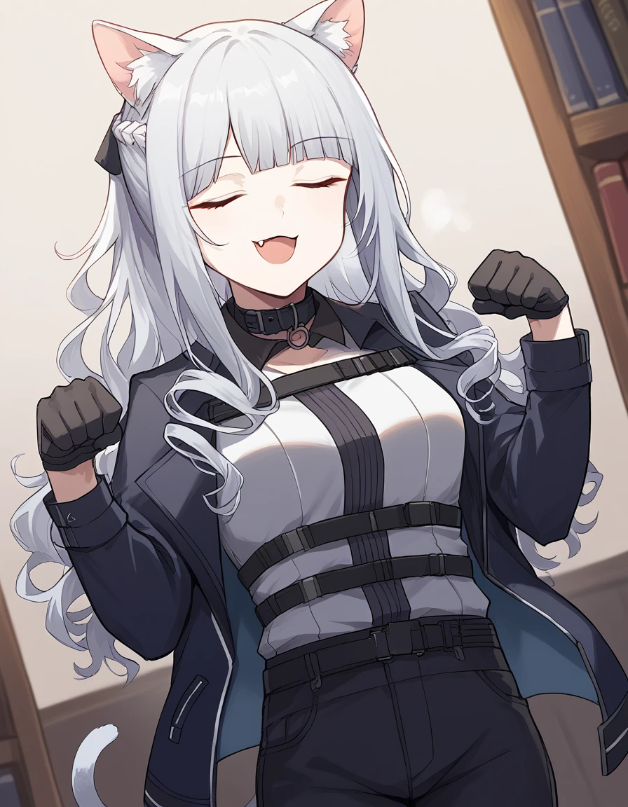 score_9, score_8_up, score_7_up, source_anime, <lora:girlsfrontline-ak-12-ponyxl-lora-nochekaiser:1>, ak-12, ak-12 (girl's frontline), closed eyes, grey hair, long hair, bangs, pale skin, straight hair, curly hair, braid, french braid, sidelocks,, belt, black gloves, black jacket, black pants, collar, gloves, jacket, jacket on shoulders, long sleeves, open clothes, open jacket, pants, underbust,, bookstore, browsing shelves, new book smell, finding a favorite, quiet atmosphere, , <lora:paw-pose-ponyxl-lora-nochekaiser:1>, paw pose, cat ears, cat tail, animal ears, tail, cat girl, open mouth, fang, whiskers,, looking at viewer, solo,, dutch angle, cowboy shot