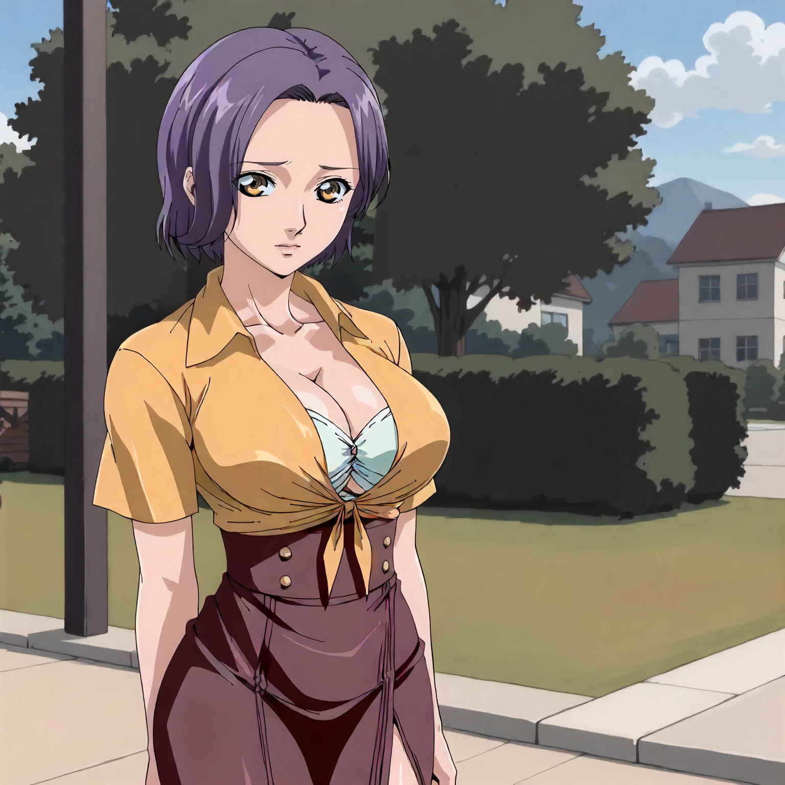 <lora:GSE_HanaeXLpony001>,
outdoors,
solo,
Hanae,1girl,mature female,purple hair,short hair,yellow eyes,
large breasts, 
tied_shirt,bra peek,
high-waist_skirt,