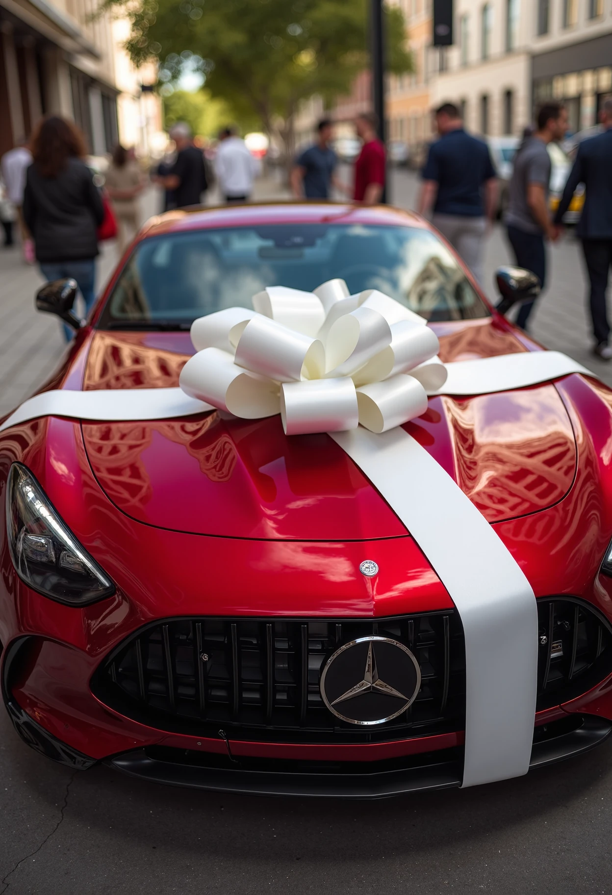 a shiny red dvr-mercedes-amg-gt63se wrapped with a big white bow like a present <lora:fixed_dvr-mercedes-amg-gt63se:1>