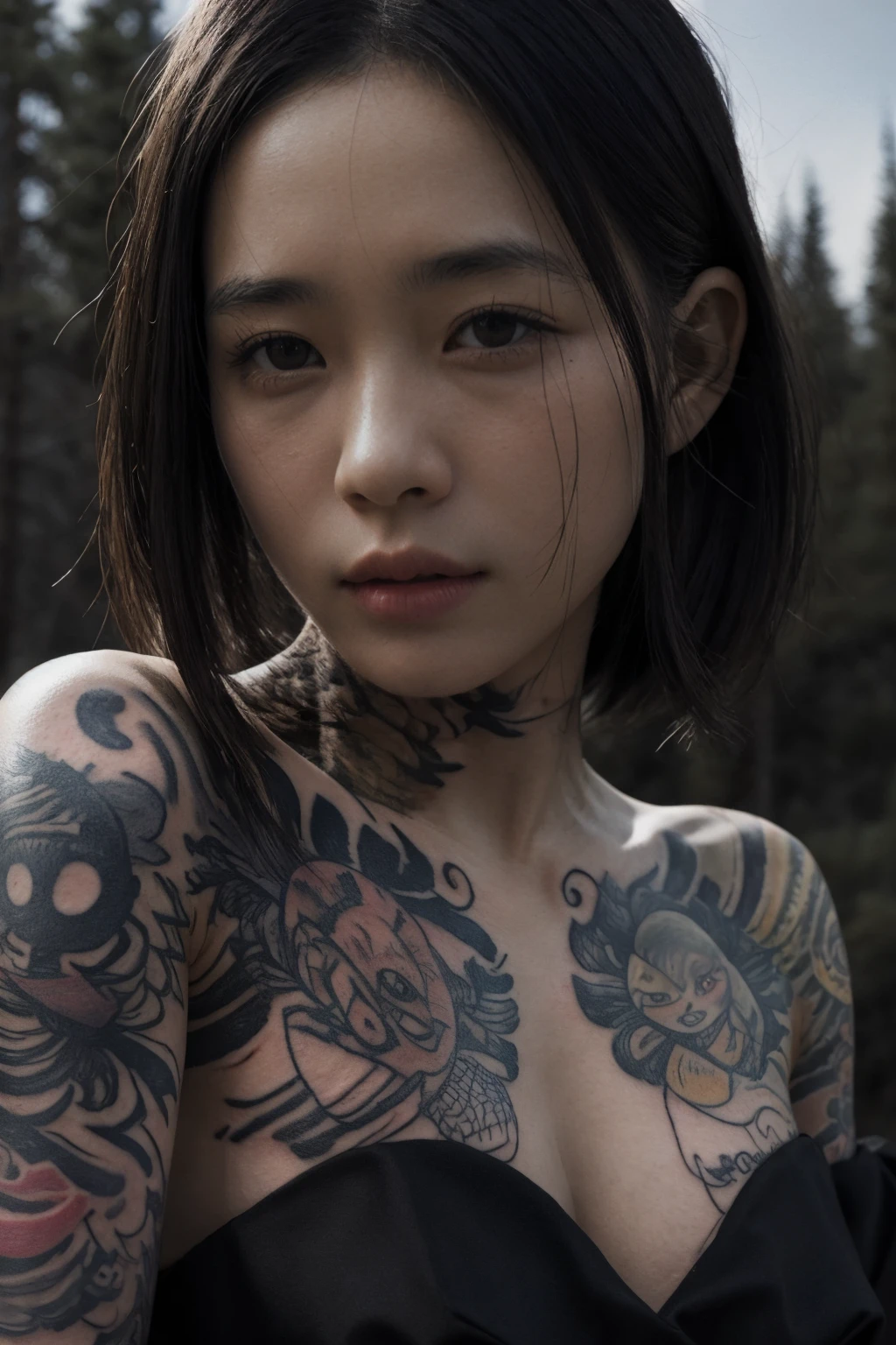 tatoobody,moondy LIGHT,REALISTIC,CINEMATIC FILM,BLURRED,DETAILED,(INCRICATE DETAILS TEXTURE:0.7),DETAILED FACE,NAMAORL QUALITY,in the wilderness,<lora:tatoobody:0.7>,woman,black dress,cartoon tattoo,