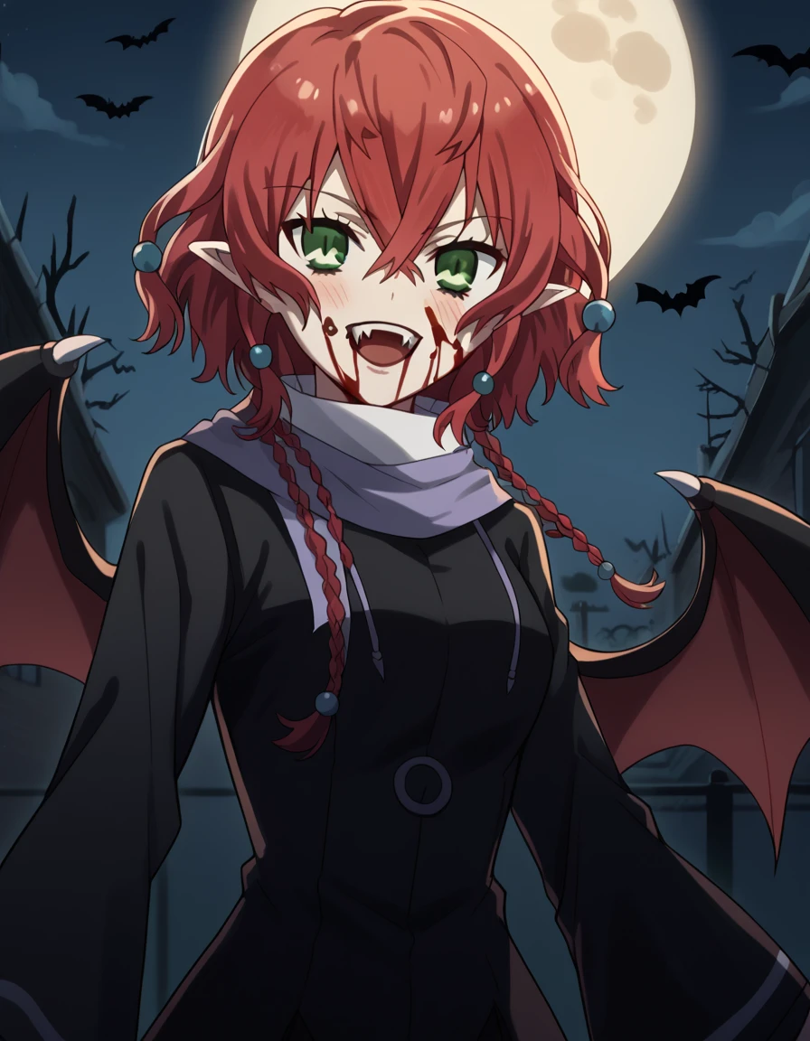 score_9, score_8_up, score_7_up, source_anime, <lora:takiko-souma-s1-ponyxl-lora-nochekaiser:1>, takiko souma, short hair, green eyes, braid, red hair, medium breasts, hair ornament,, <lora:vampire-ponyxl-lora-nochekaiser:1>, vampire, red eyes, pointy ears, fangs, black dress, wings, blood, blood on face, blood on mouth, bat (animal), halloween, halloween costume, upper teeth only, night, moon, blush, smile, open mouth, , dutch angle, cowboy shot