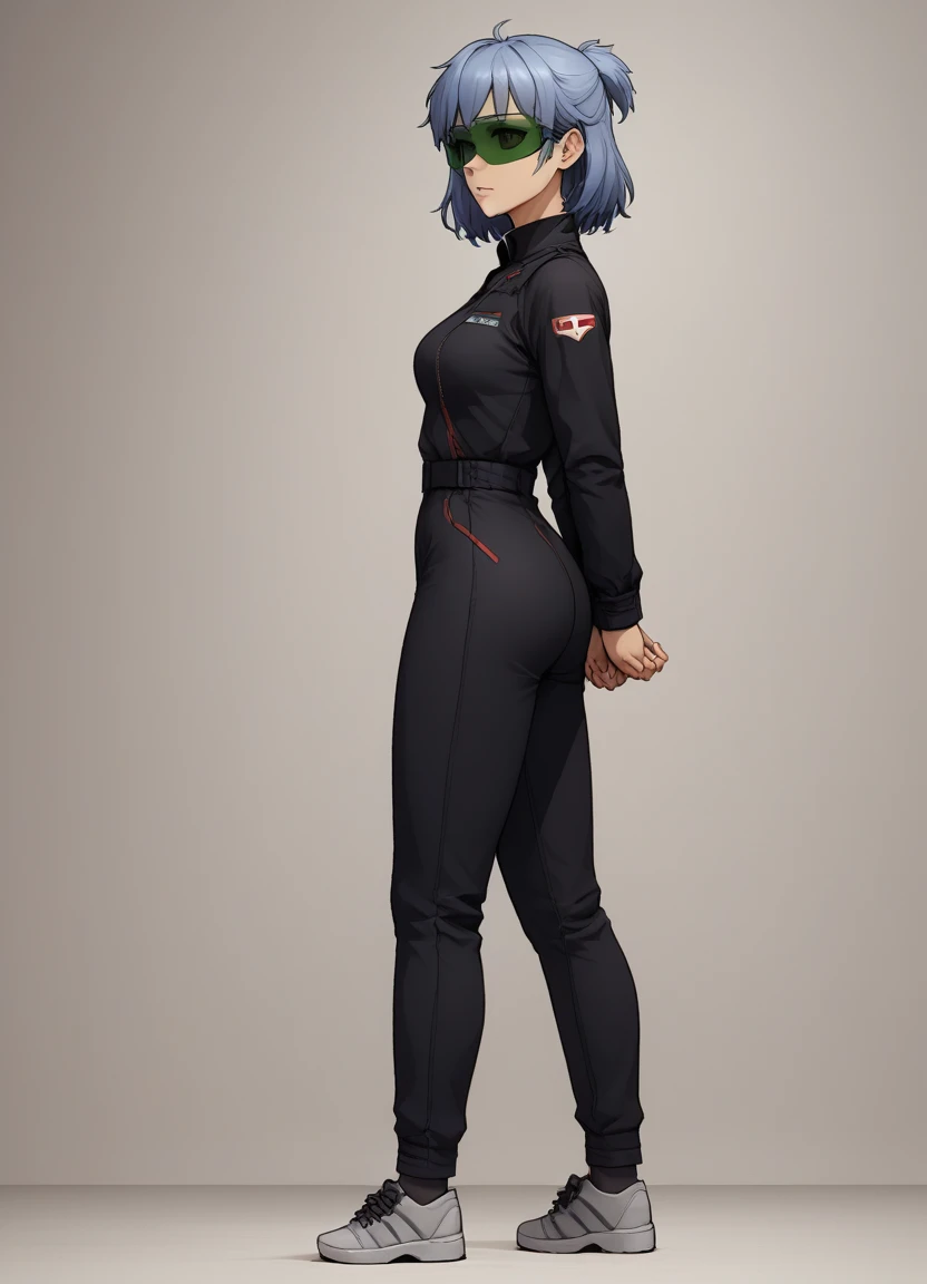 score_9, score_8_up, score_7_up, score_6_up, source_anime, indoors, BREAK full body, from side, jennygamerfox, human, female, 1girl, solo, visor, black jumpsuit, shoes, hands behind back <lora:jennyv2_epoch_10:0.8>