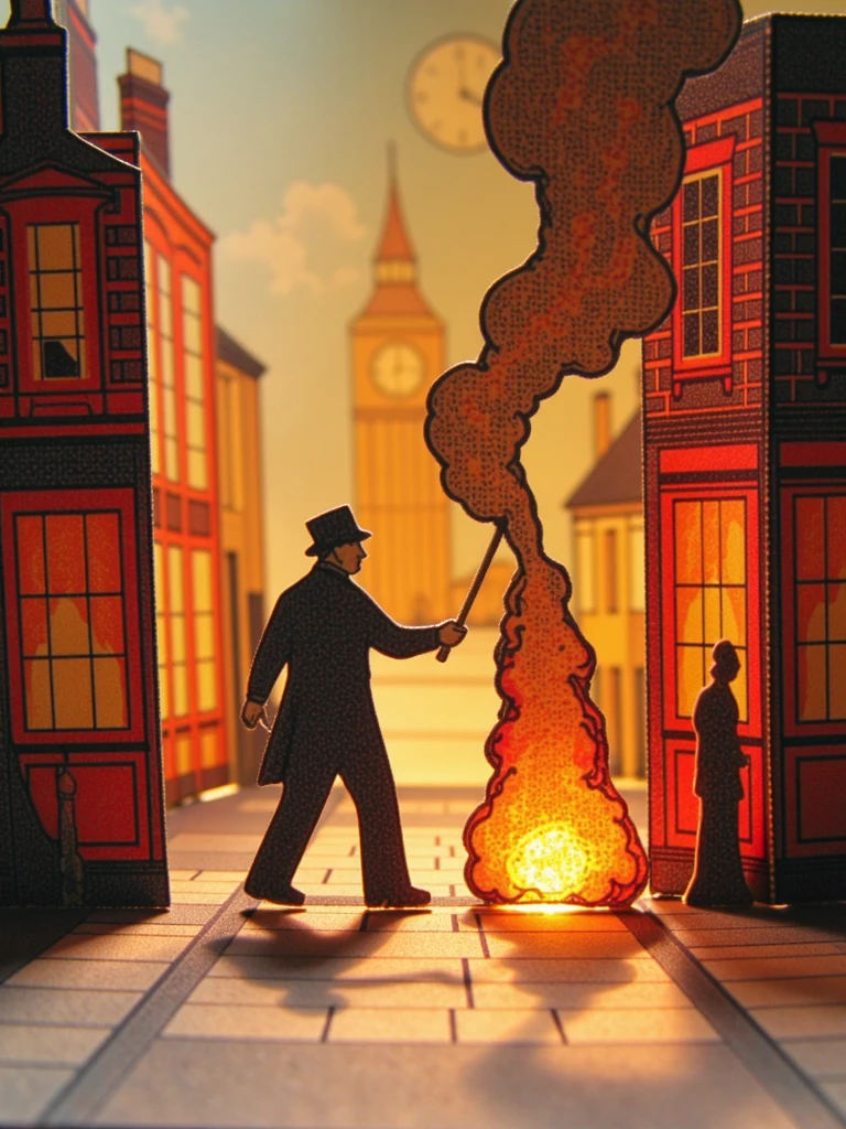 A paper model cutout depicting Glassblower and magician walking away from an explosion in Dublin. made of paper
