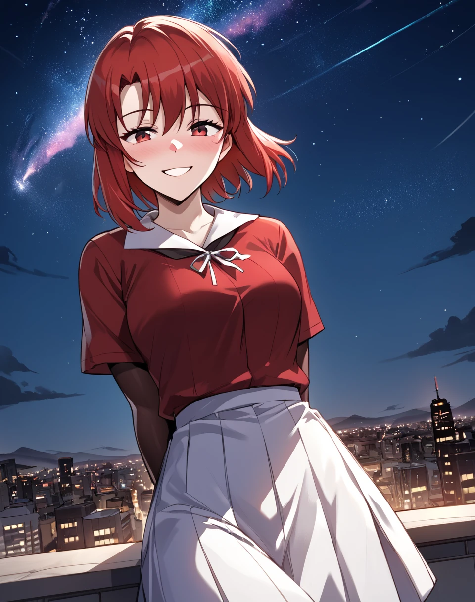 Judith_Zeron, red hair, short hair, red eyes, date clothes, red shirt, white long skirt  <lora:Judith_Zeron-000017:0.8> BREAK outdoors, city, night, starry sky, arms behind back, smile, blush BREAK score_9, score_8_up, score_7_up, source_anime ,zPDXL,