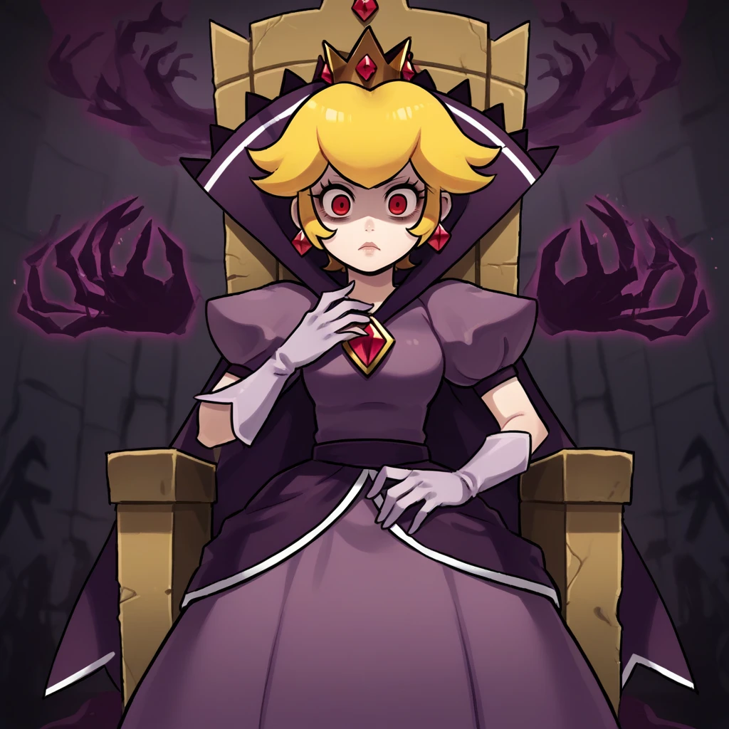 score_9, score_8_up, score_7_up, score_6_up, score_5_up, score_4_up, zPDXL2,source_anime,rating_questionable,  <lora:Shadow_Queen_Peach:0.8> sh4dp3ach,princess peach, short hair,red eyes,purple dress, puffy short sleeves, white gloves, cape, jewelry, blank eyes, possessed, slack limbs, wide eyes, tilted head, expressionless, shadowy hands grabbing,  throne, cursed aura, ghost aura