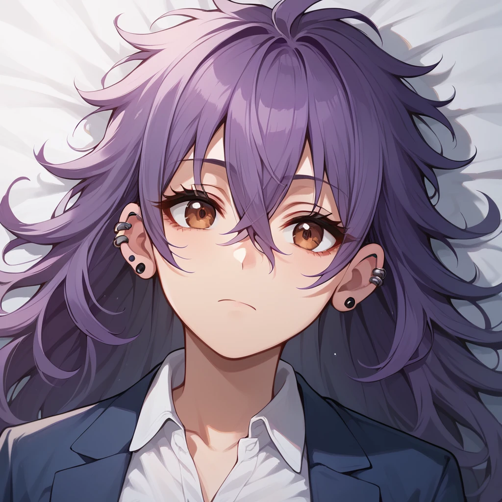 score_9, score_8_up, score_7,   4K definition, high defitinition, best quality, master piece, great artist,   dynamic angle, good coloring, good shadows, highly detailed,  solo, 1girl, purple hair, open blazer,  closed mouth, ear piercing, hair between eyes,  long hair, messy hair,  okako, piercing,  shirt, solo, white shirt , brown eyes,  <lora:Okako:1>