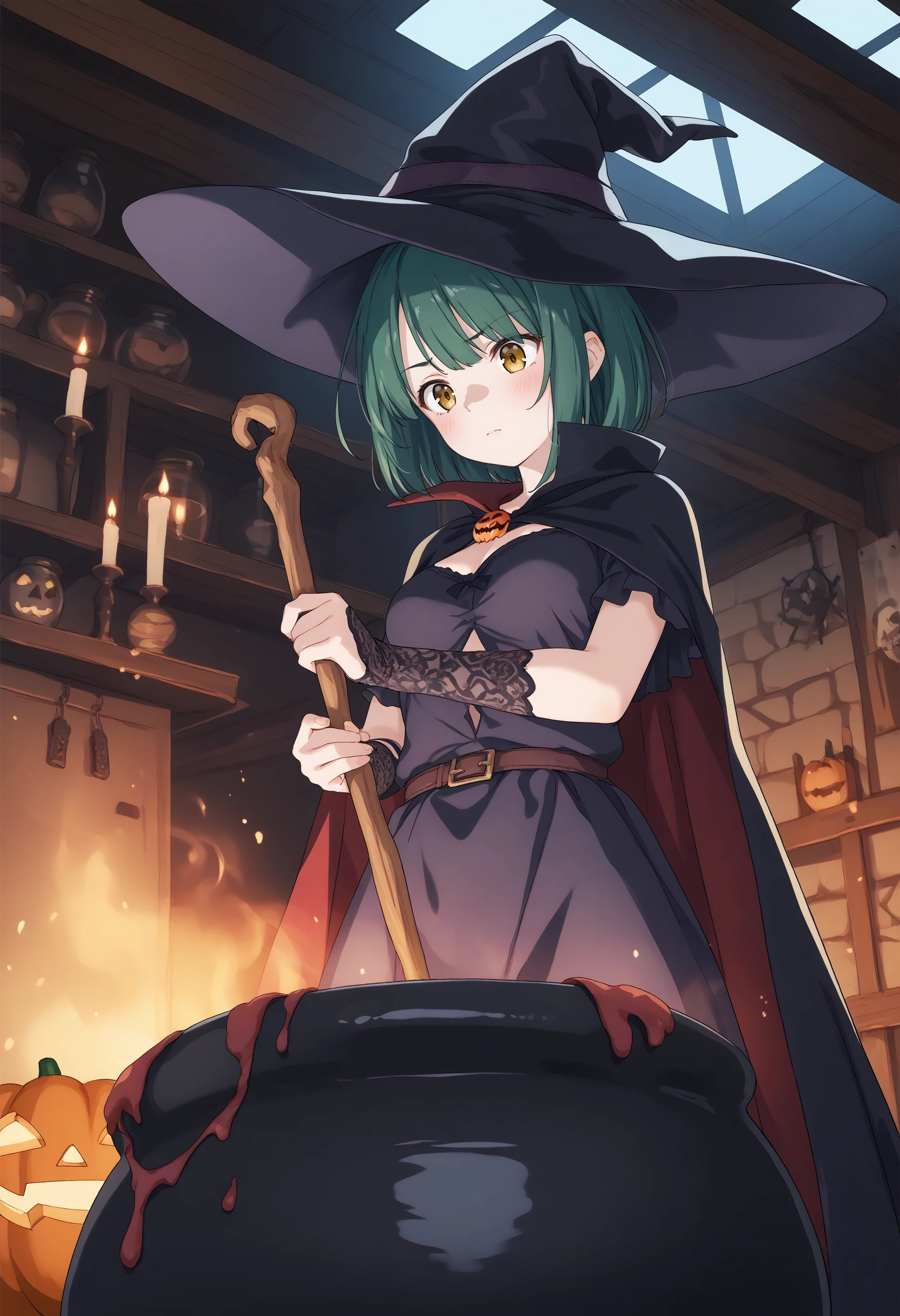 (masterpiece:0.7), (best quality:1.1),
(by sincos:0.5),(by ningen mame:0.5),(by toosaka asagi:0.5),
1girl,solo,medium breasts,
stirring, cauldron, holding, witch hat, standing, witch, indoors, fire, staff , halloween ,jack-o'-lantern,halloween costume, cape,night, <lora:stirring_Pony_v1:0.8>
ceiling, wide shot, looking down, green hair, golden eyes,disdain, roads in the ruin, closed mouth, bob cut hair,