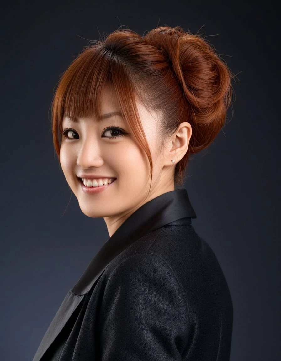 <lora:Tsubasa_Amami:0.9>tsubasa amami,
1girl, solo, 
realistic, navel, red hair,
lips, chignon updo hair, wearing a dark jacket,
smile,teeth, opened mouth, dark background,