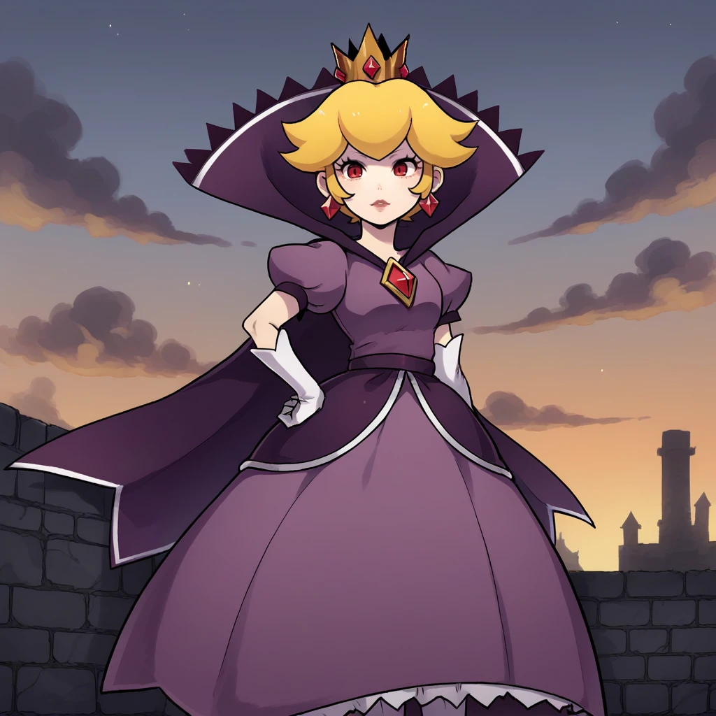 score_9, score_8_up, score_7_up, score_6_up, score_5_up, score_4_up, zPDXL2,source_anime,rating_questionable,  <lora:Shadow_Queen_Peach:0.8> sh4dp3ach, princess peach, blonde hair, short hair, purple dress, puffy short sleeves, white gloves, cape, crown, jewelry, red eyes, standing with hand on her hip, cliffs