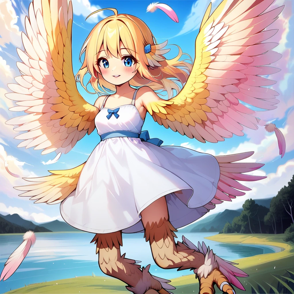 winged arms,harpy,flying,pink sundress,lake,sky,cloud,blue eyes,yellow hair,pastel feathers,