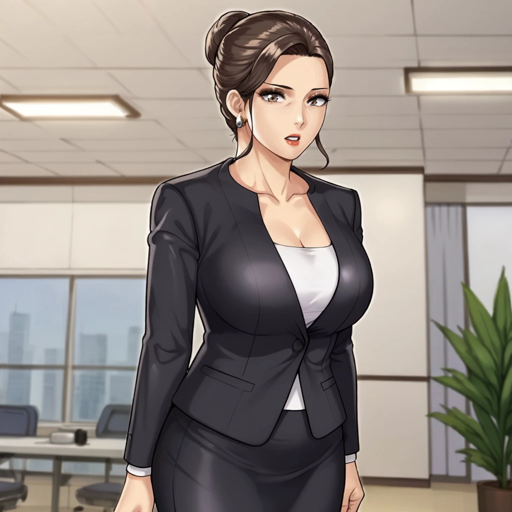 <lora:MrsAhn_pony_v1:.8>  MrsAhn, 1girl, solo,  black skirt, office lady, earrings, mature female, brown hair, jewelry, black jacket, formal, large breasts, suit, white shirt, brown eyes, single hair bun, collarbone, pencil skirt