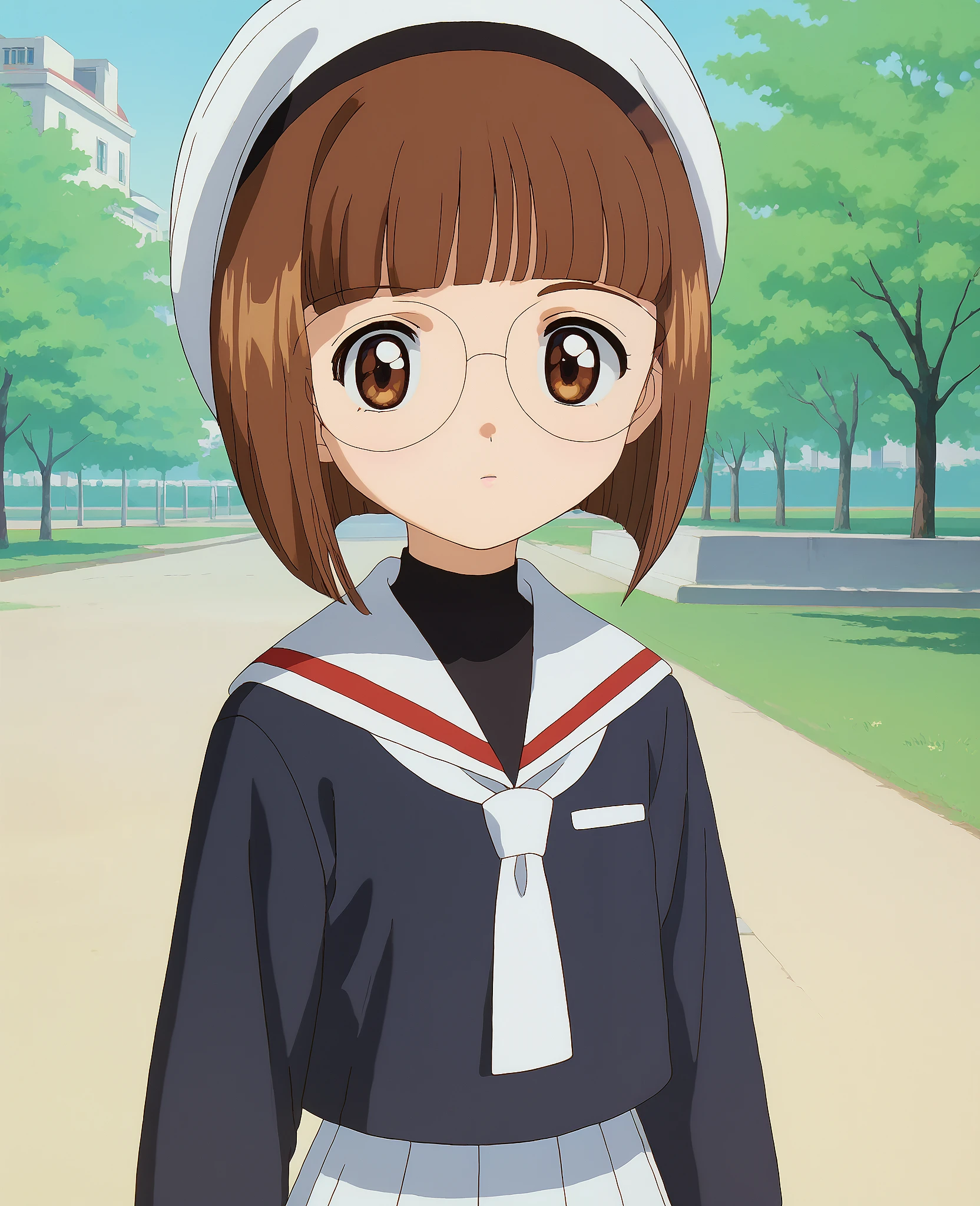 score_9, score_8_up, score_7_up, masterpiece, absurdres, source_anime, perfect anatomy,

1girl, solo, naoko_yanigasawa, brown hair, bob cut, hairband, brown eyes, glasses,
school uniform, black blouse, white sailor collar, white skirt, short skirt, hat, white hat,

good_hands,

outdoors, park, looking at viewer, cowboy shot,