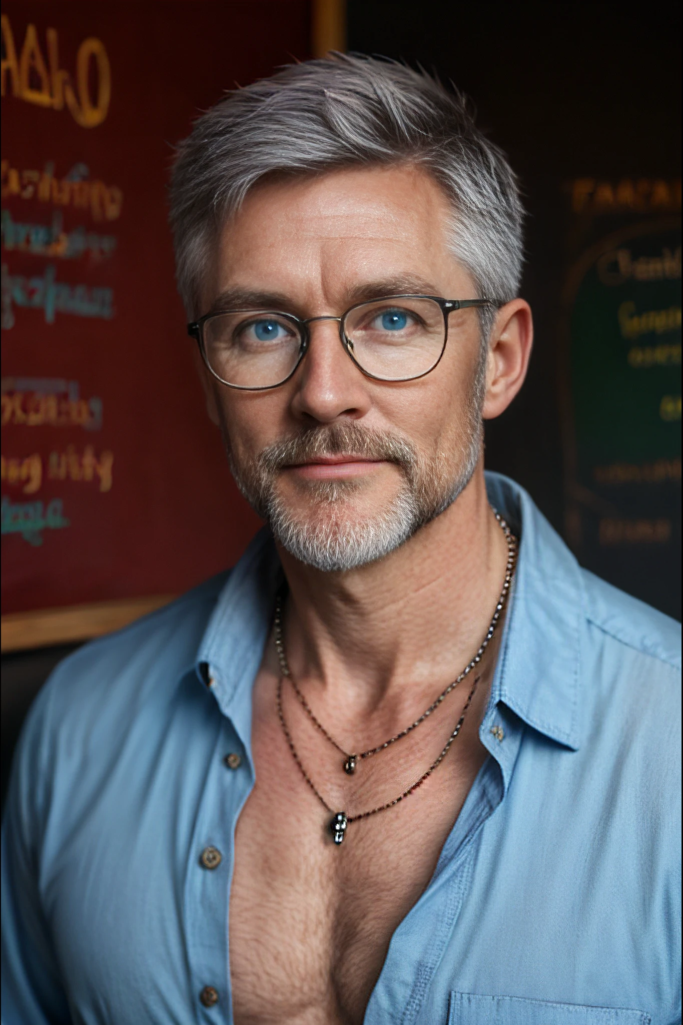 <lora:Malcom_Edge_V1_GV:1>, Grey hair, bright blue eyes. Daddy, 55 years old, professor, masterpiece, realistic, photographic, necklace, open button up shirt, glasses on face, in front of chalk board, portrait, pecs,  (large hard perky nipples)  <lora:muscle_slider_v1:-1.5>