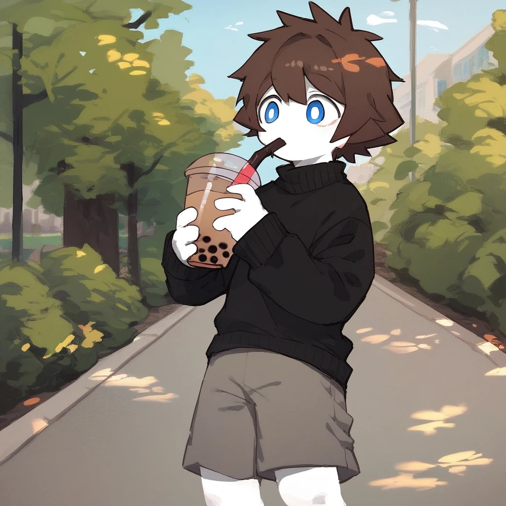 score_9_up, score_8_up, score_7_up, mikus-sona, blue eyes, brown hair, white skin, black boxers, park, holding, bubble tea, black sweater, gray shorts, 1boy, solo