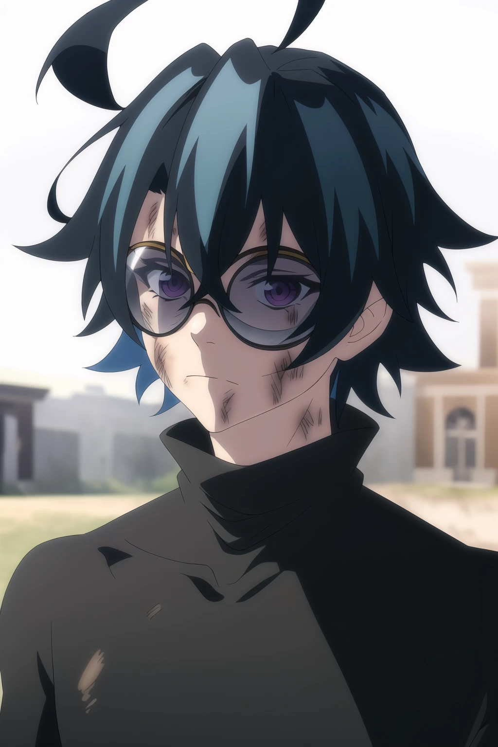 will serfort,1boy,male focus,solo,blue hair,purple eyes,ahoge,looking at viewer,closed mouth,bruise on face,bruise,dirty,injury,dirty face,turtleneck,upper body,blurry background,high collar,black shirt,outdoors,sunglasses,scratches,<lora:will_serfort-000007:0.7>,