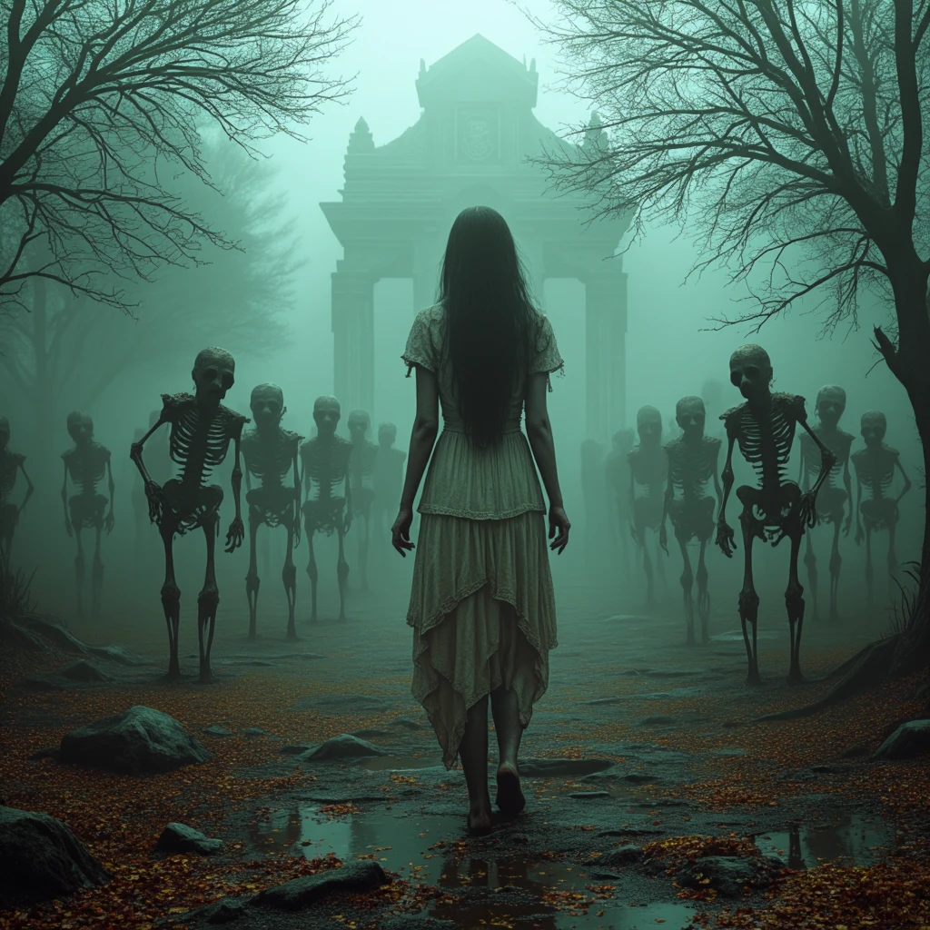 female necromancer leading army of skelletons on a spooky misterious graveyard. she is barefoot. she wears a wide, torned, white dress. the zombies are emerging from the ground, everything is covered by ground fog, dead trees. red brown yellow leaves in the air and on the ground. ruins of an ancient temple in the background, evil athmosphere, dark fantasy, wet, swamp
Halloweenstyle