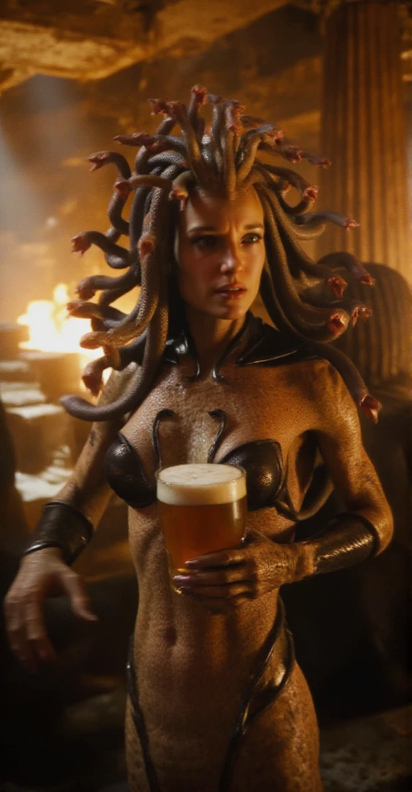 Medusa is holding a beer in a pub <lora:Medusa:0.9>