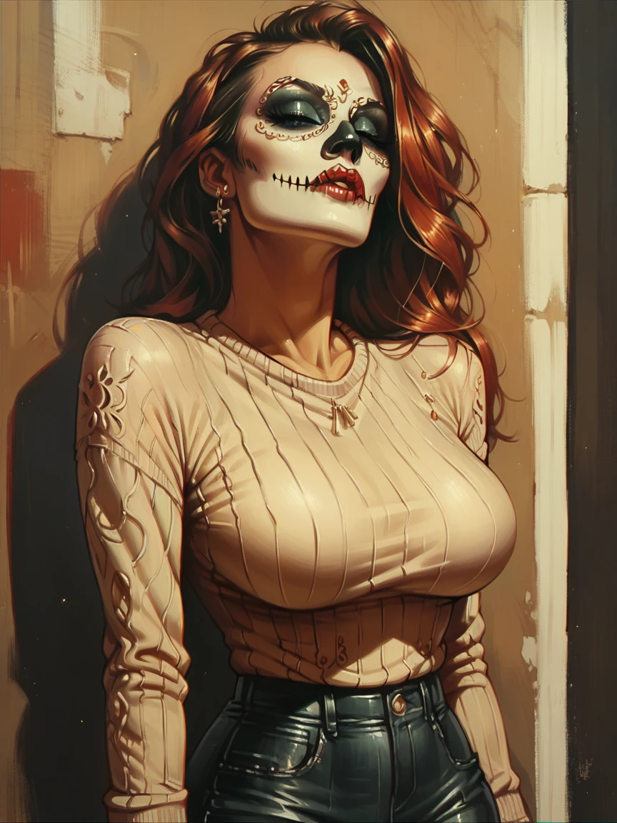 score_9, score_8_up, score_7_up, score_6_up, score_5_up,  <lora:CalaveraPXLP:0.8> calavera, 1girl, curvy, sweater,