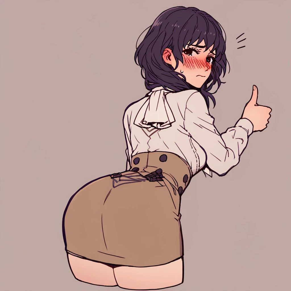 1girl, ass, blush, breasts, brown_skirt, closed_mouth, cowboy_shot, cropped_legs, embarrassed, from_behind,  furrowed_brow, garreg_mach_monastery_uniform, high-waist_skirt, leaning_forward, long_sleeves, looking_back, neckerchief, official_alternate_costume, pencil_skirt, shirt, shirt_tucked_in, simple_background, skirt, solo_focus, standing, thumbs_up, white_neckerchief, white_shirt