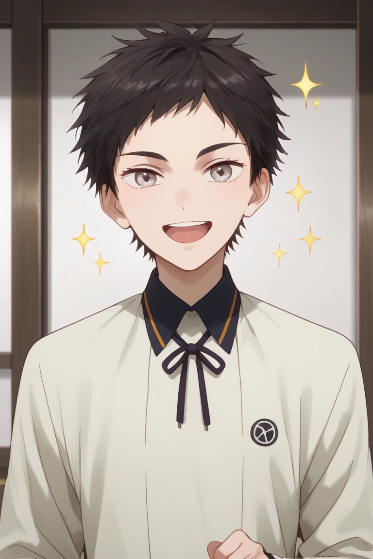 score_9, score_8_up, score_7_up, score_6_up, atsushi toushirou, black hair, grey eyes, beige shirt, hanamaru style, male focus, 1boy, open mouth, smile, sparkle, solo, upper body