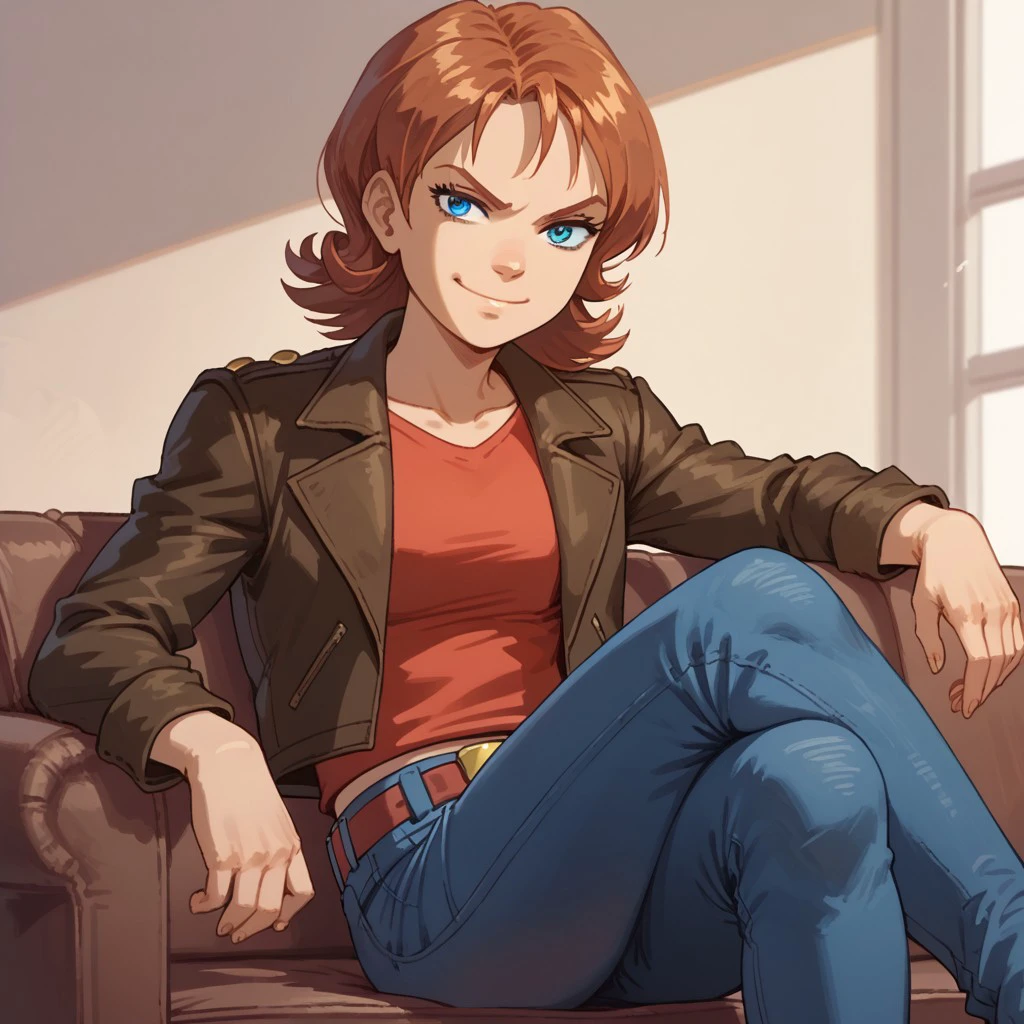 score_9, score_8, score_7, break, solo, irma_l, auburn hair, short hair, blue eyes, jacket, red shirt, jeans, belt, sitting, crossed legs, smirk, sofa