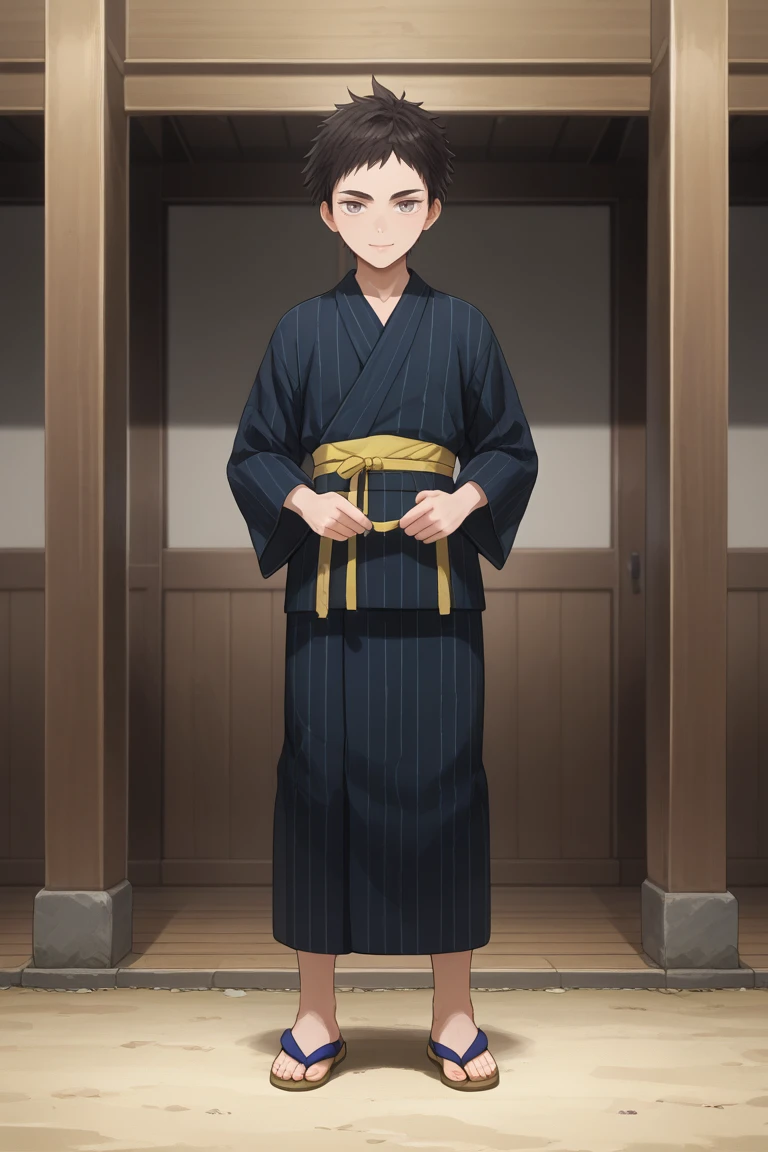 score_9, score_8_up, score_7_up, score_6_up, atsushi toushirou, black hair, grey eyes, hanamaru style, 1boy, male focus, solo, japanese clothes, short hair, full body, bangs, kimono, striped kimono, ahoge, black kimono, striped, alternate costume, standing, looking at viewer, closed mouth, sandals, long sleeves, wide sleeves, smile