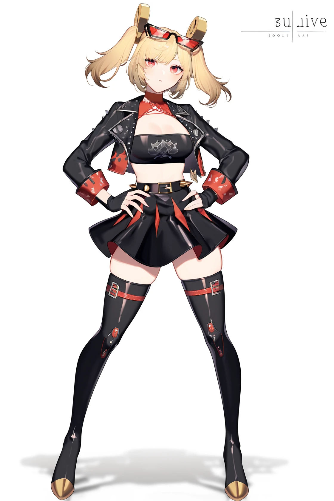 Silver hair, long hair, thigh-high boots, red checked skirt, brown stockings, black clothes