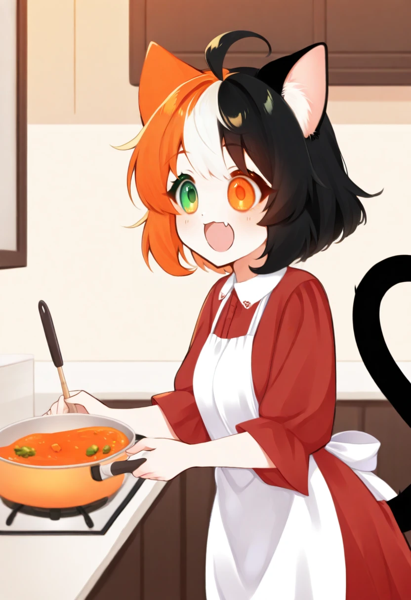 1girl, solo, <lora:NSMelionPalHairIllu:1> NSMelionPalHair, orange hair, black hair, white hair, multicolored hair, orange eyes, green eyes, heterochromia, white apron, red dress, kitchen, happy, open mouth, cooking, indoors, short hair, ahoge, cat ears, cat tail, single fang