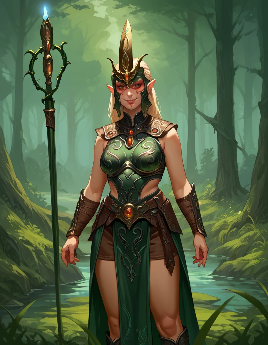 score_9, score_8_up, score_7_up, score_6_up, source_cartoon, 2d, forest, fantasy,
SisterOfTheThorn, 1girl, mature female, curvy, pointy ears, armor, helmet, holding staff, facepaint, looking at viewer, smile,
standing, solo,
<lora:SisterOfTheThorn:0.8>