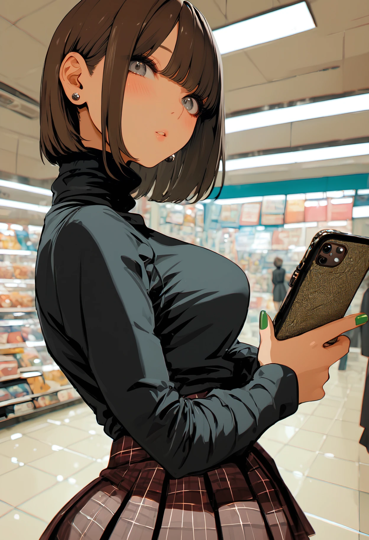 score_9, score_8_up, score_7_up, score_6_up, best quality, source_anime BREAK, aosiai123, holding phone, plaid skirt, looking at viewer, cellphone, short hair, brown hair, earrings, jewelry, turtleneck sweater, parted lips, indoors, black sweater, solo focus, medium breasts, nail polish, 1girl, tiles, long sleeves, bob cut, shop, pleated skirt, tile floor, blush, smartphone, green nails, black shirt, from side, fingernails, looking to the side, grey eyes, <lora:aosiai123:1>