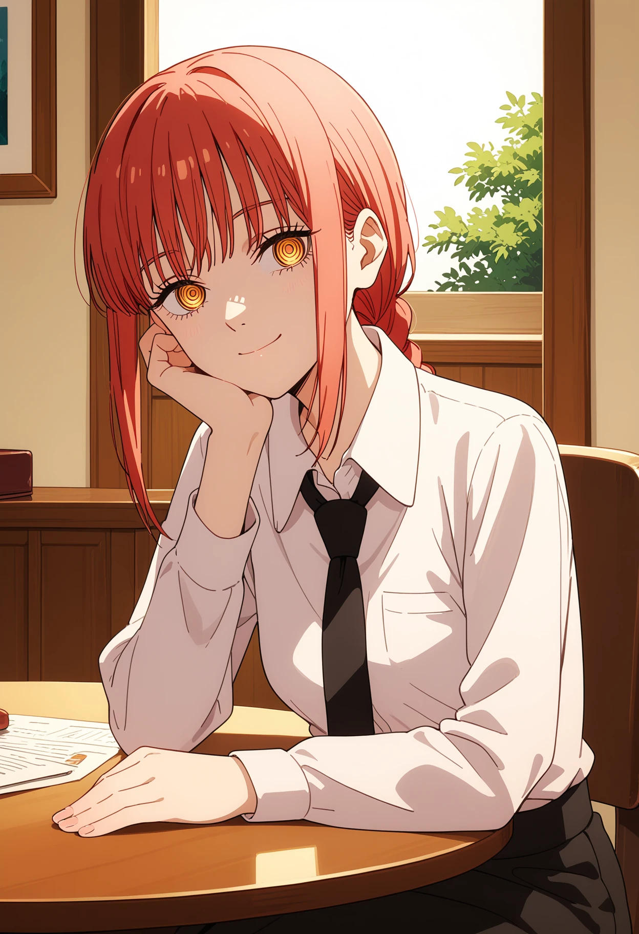 score_9, score_8_up, score_7_up, score_6_up,
BREAK
1girl, solo,
makima \(chainsaw man\), collared shirt, black necktie,
head rest,
looking at viewer, smile, closed mouth,
indoors, table, sitting,