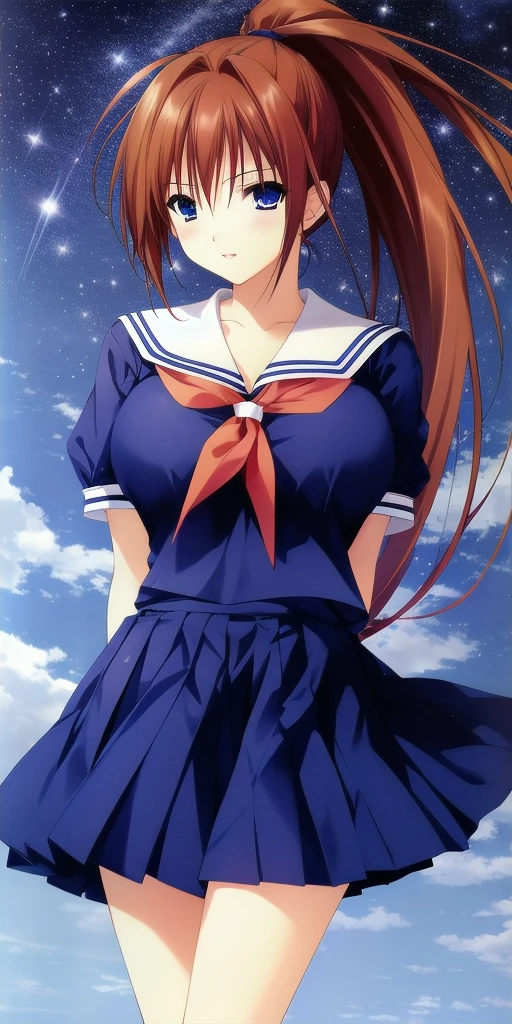 <lora:SatsukiV1:0.7> kitaooji_satsuki_high_ponytail, huge_breasts, standing, solo, arms_behind_back, starry_sky,  school_uniform, masterpiece, best_quality, detailed_face, detailed_eyes, highres, beautiful, detailed, absurdres,