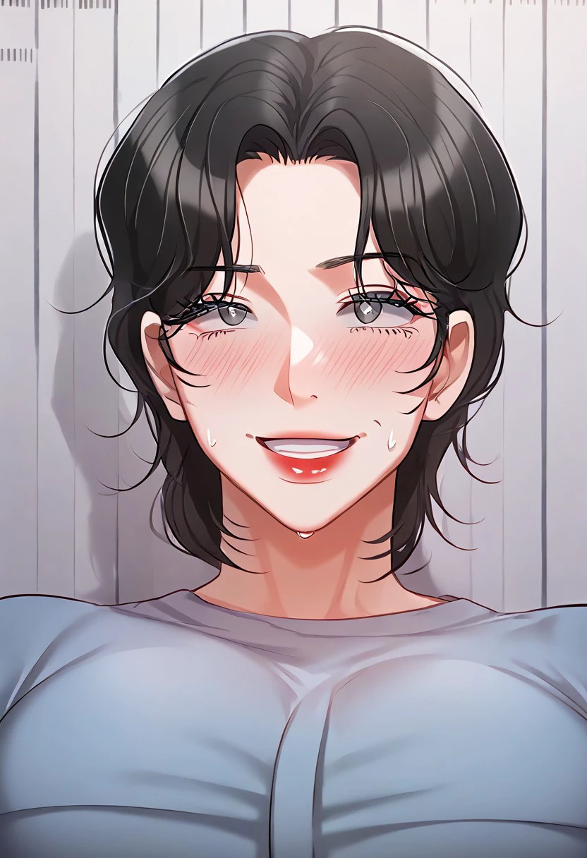 score_9, score_8_up, score_7_up, ASCII masterpiece, source_anime, BREAK, 1girl, milf, solo, (( <lora:oh_hye-rim:1> , oh_hye-rim, thin waist, wide hips, beautiful skin, beautiful dark grey eyes, clear eyes, bright pupils, beautiful eyes, beautiful black hair, beautiful short hair, huge and shaggy breasts, natural beauty, extraordinary beautiful woman, attractive woman, super sexy woman, lustful body, sexy woman with seductive obscene body, sensual body, voluptuous body, sexy beauty, no piercings, no piercing, )) , obscene cleavage, huge cleavage , uncensored, very detailed, high detailed texture, rear view, (prison background), sweaty, 1girl, ((mugshot)), orange prison jumpsuit, high details, red blush on face, nervous expression, hads behind back, front view, evil smile,