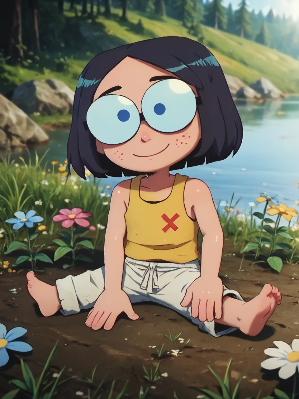 score_9, score_8_up, score_7_up,  score_6_up, BREAK, G0g0Matsum0t0, 1girl, solo, black hair, short hair, blue eyes, glasses, yellow tank top, chibi, white pants, barefoot, sitting on ground, hands on legs, smile, grass, flowers, outdoors, plant, nature, lake, sunlight shines on face, Poststyl, <lora:David_style:0.9> <lora:Gogo_Matsumoto:1>