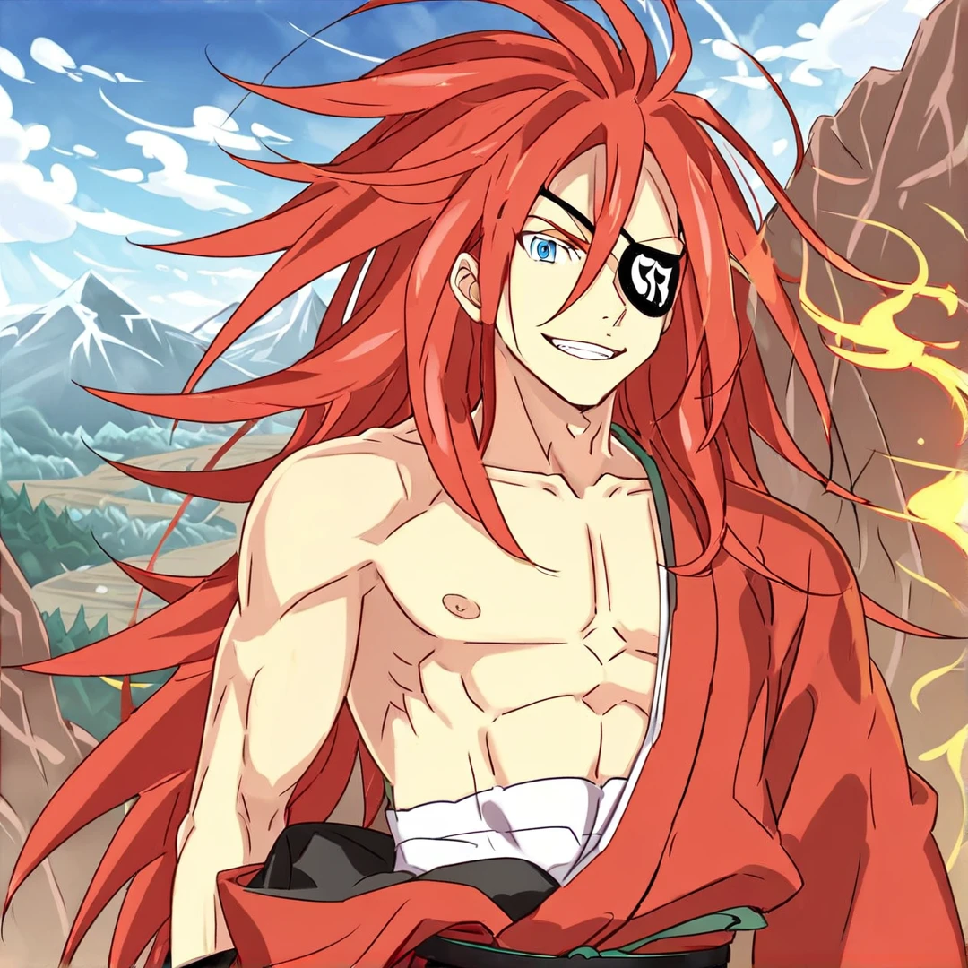 <lora:ReidAstrea:1>, reid, had waist length, fiery red hair, sky blue eyes, with a muscular body, he wore a crimson kimono, which he only wore half of, leaving the right side uncovered, a white sarashi around his body, and a black eye patch over his left eye, that has an ugly pattern, solo, on a mountain, cliffs, animals