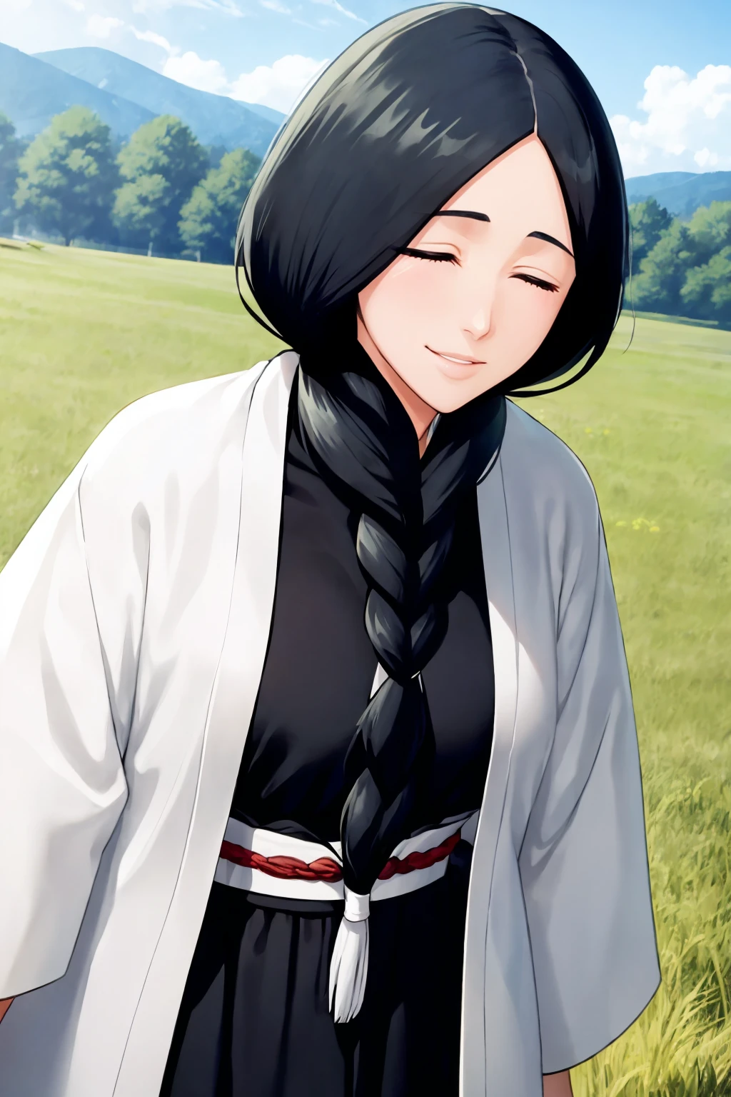 masterpiece, best quality,
1girl, unohanaretsu, black hair,  long hair, braid, haori, japanese clothes,
closed eyes, upper body, smile, looking at viewer, ble sky, grass, meadow background,   <lora:RetsuUnohana_byKonan:1>