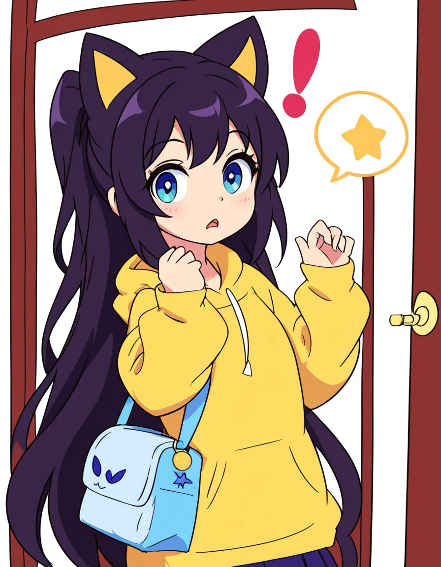 <lora:arcadiaXLP:1> arcadia, kawaii, 1girl, solo
dress, white background, bag, spoken exclamation mark, yellow hoodie, door, looking at viewer, hands up, star (symbol), black hair, solo